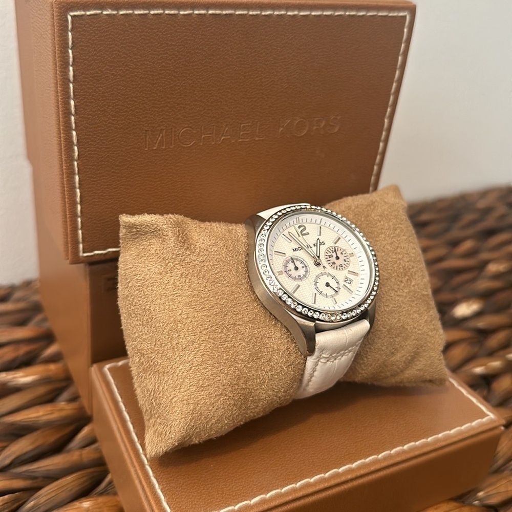 Michael Kors Women's White Leather Crystal Watch